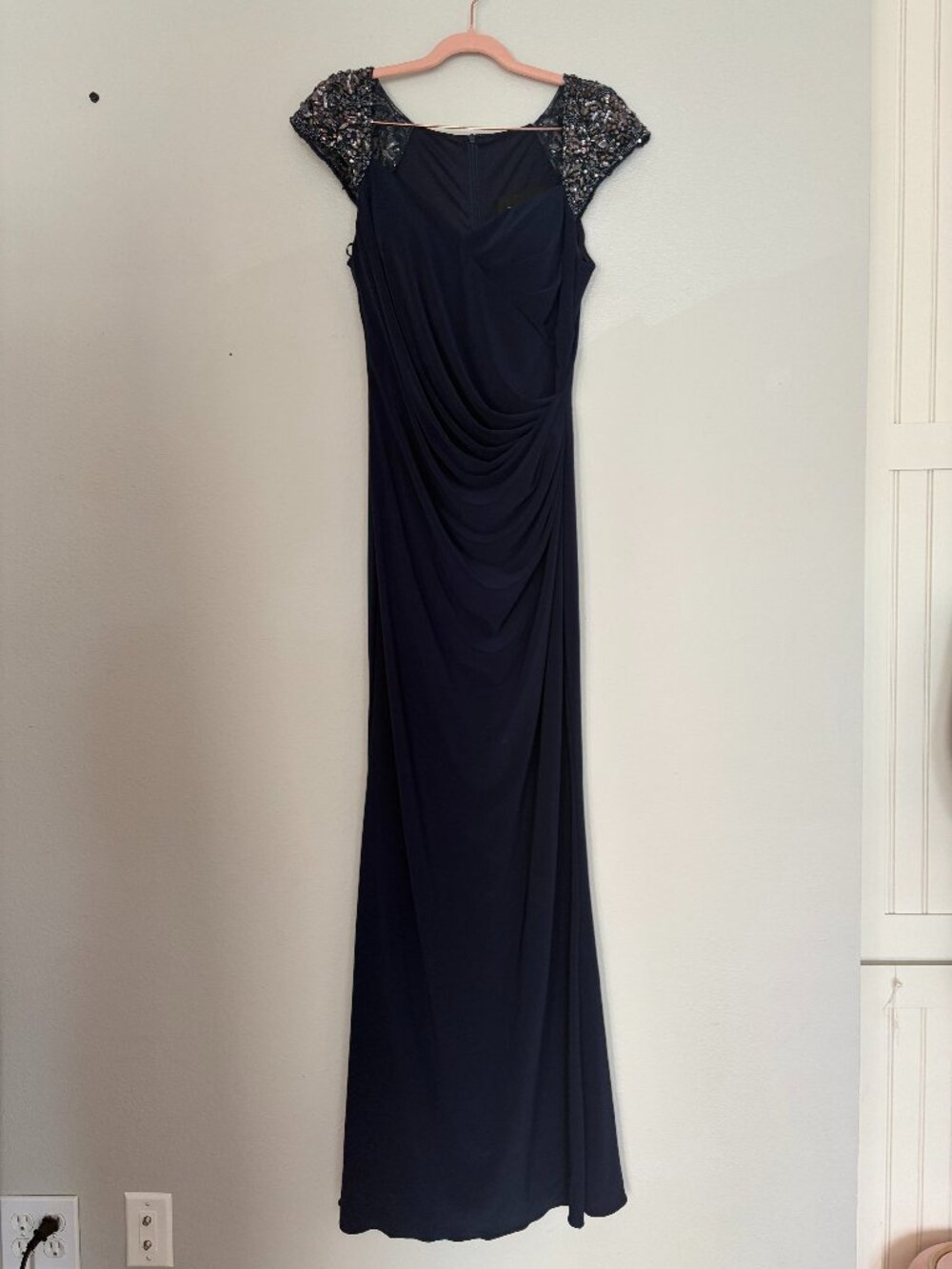 JS Boutique | Navy Beaded Cap Sleeve Draped Jersey Knit Formal Maxi Gown Size 10